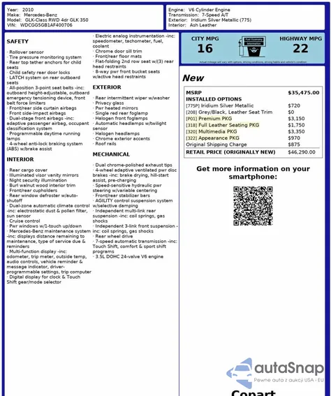 2010 Mercedes-Benz Glk 350 from USA, damaged, VIN WDCGG5GB1AF400706